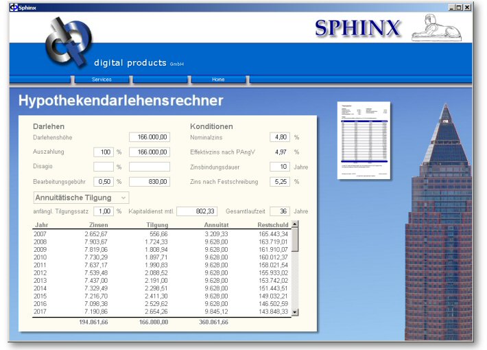 SPHINX  Hypothekendarlehensrechner f&uuml;r Windows